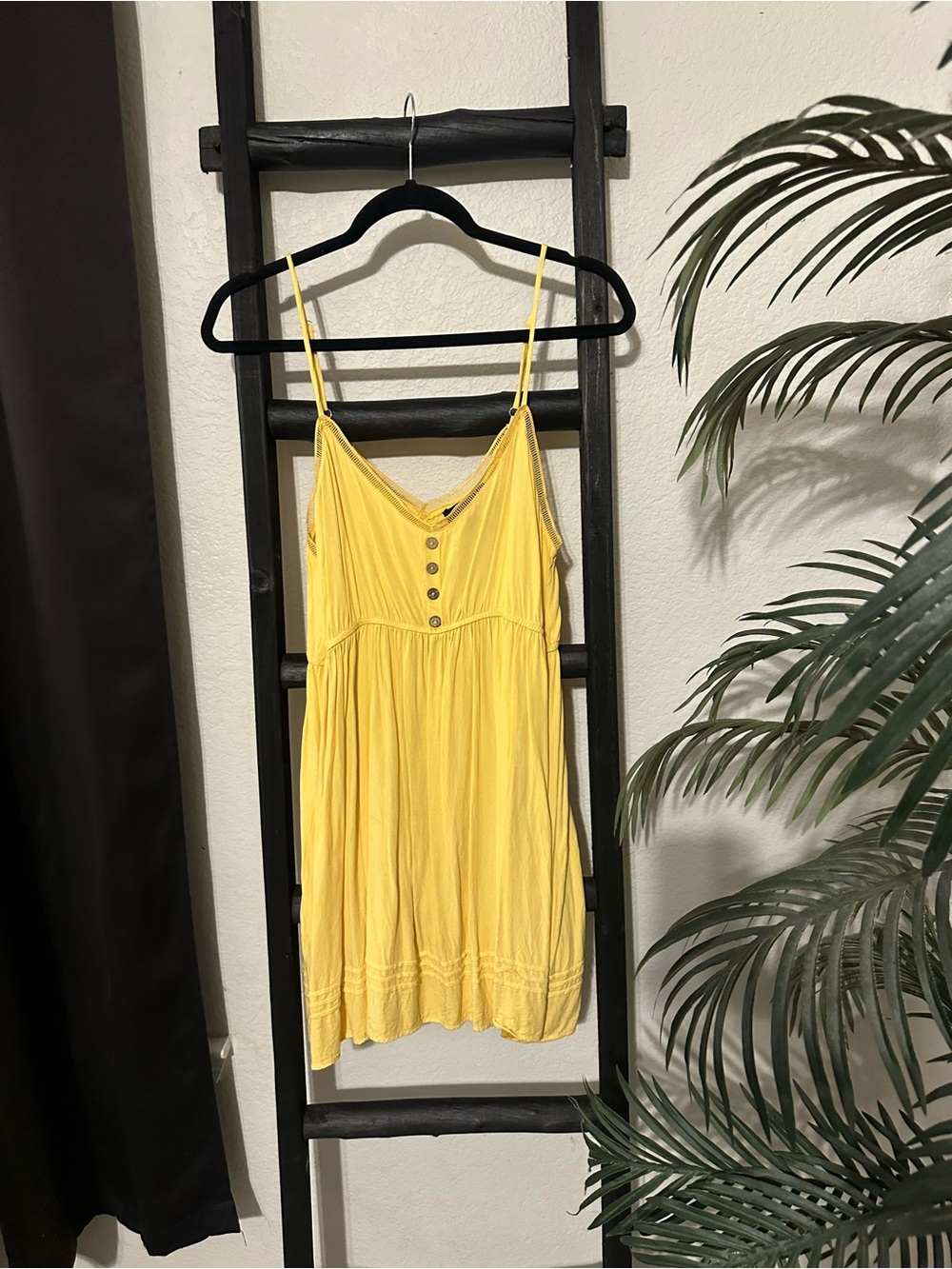 Spaghetti-Strap Yellow Mini Dress with Button Front